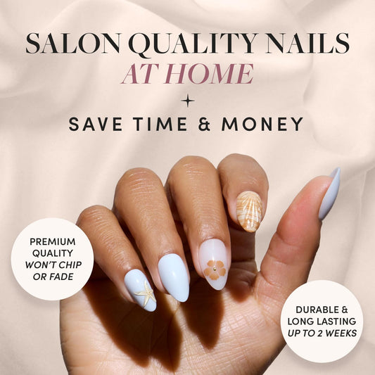 Glamnetic Press-On Nails Bundle - Sea Star, Goal Digger & Think Pink | Almond Seashell Fake Nails with 3D Nail Art | Natural Round False Nails with Gold Foil | Light Pastel Pink Short Oval