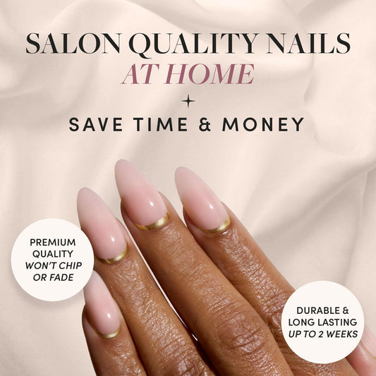Glamnetic Press-On Nails Bundle - Goal Getter, Goal Digger & Fall Mauve | Medium Almond Fake Nails and Neutral Gold Reverse French Tip | Glossy, Semi-Transparent, Short Round Nails | Muted Blush Mauv