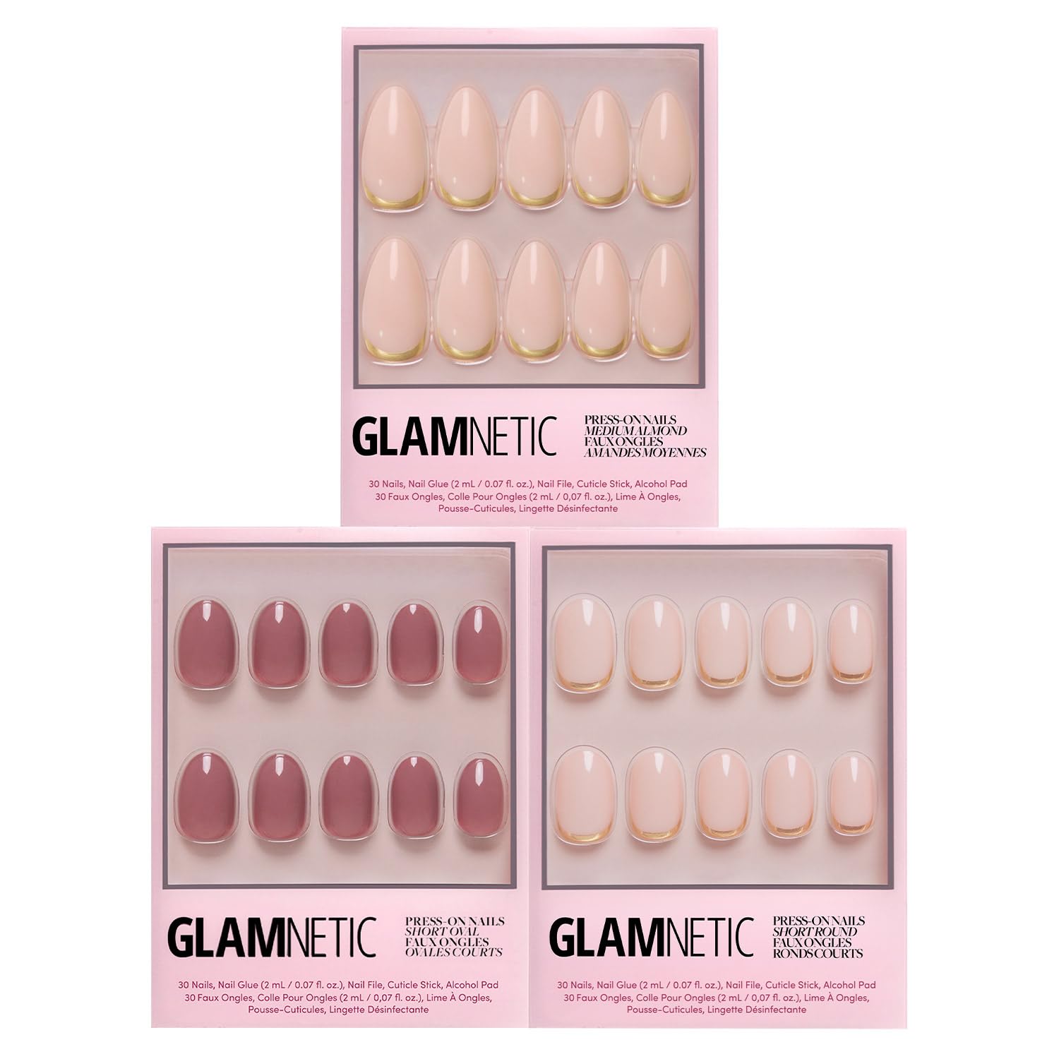 Glamnetic Press-On Nails Bundle - Goal Getter, Goal Digger & Fall Mauve | Medium Almond Fake Nails and Neutral Gold Reverse French Tip | Glossy, Semi-Transparent, Short Round Nails | Muted Blush Mauv