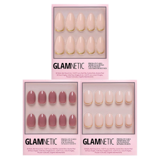 Glamnetic Press-On Nails Bundle - Goal Getter, Goal Digger & Fall Mauve | Medium Almond Fake Nails and Neutral Gold Reverse French Tip | Glossy, Semi-Transparent, Short Round Nails | Muted Blush Mauv