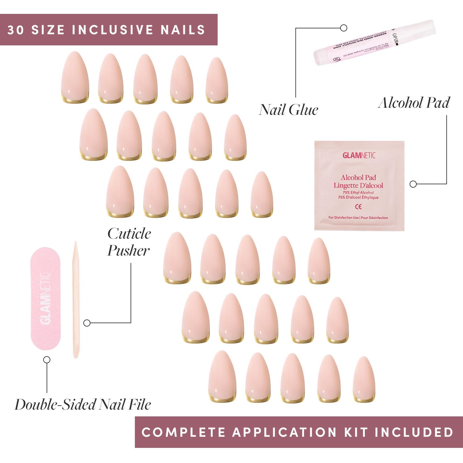 Glamnetic Press-On Nails Bundle - Goal Getter, Goal Digger & Fall Mauve | Medium Almond Fake Nails and Neutral Gold Reverse French Tip | Glossy, Semi-Transparent, Short Round Nails | Muted Blush Mauv