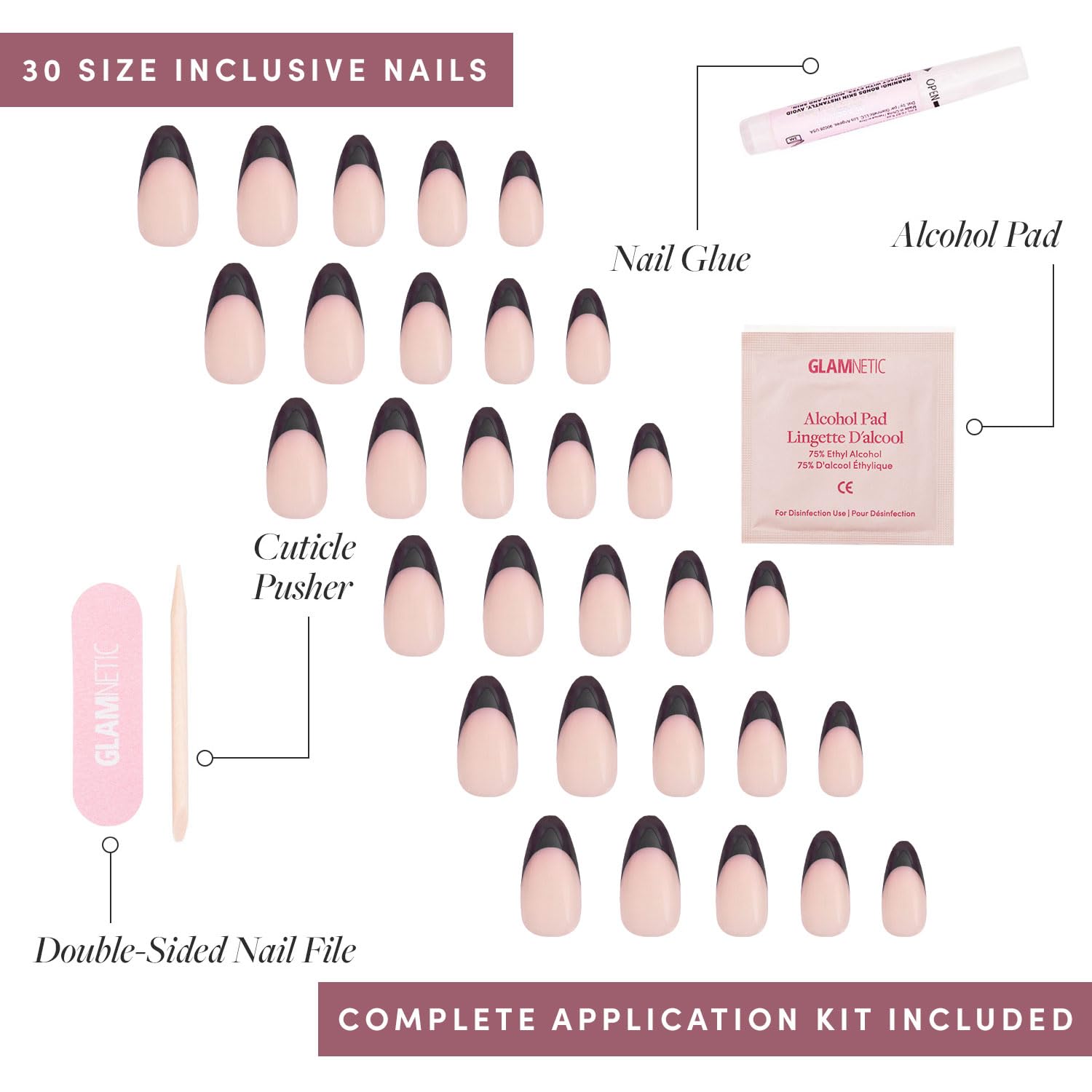 Glamnetic Press-On Nails Bundle - Tarot, Caviar & Goal Digger | Almond Purple Fake Nails with Ombre Design | Almond Black French Tip False Nails | Natural Short Round False Nails with Gold