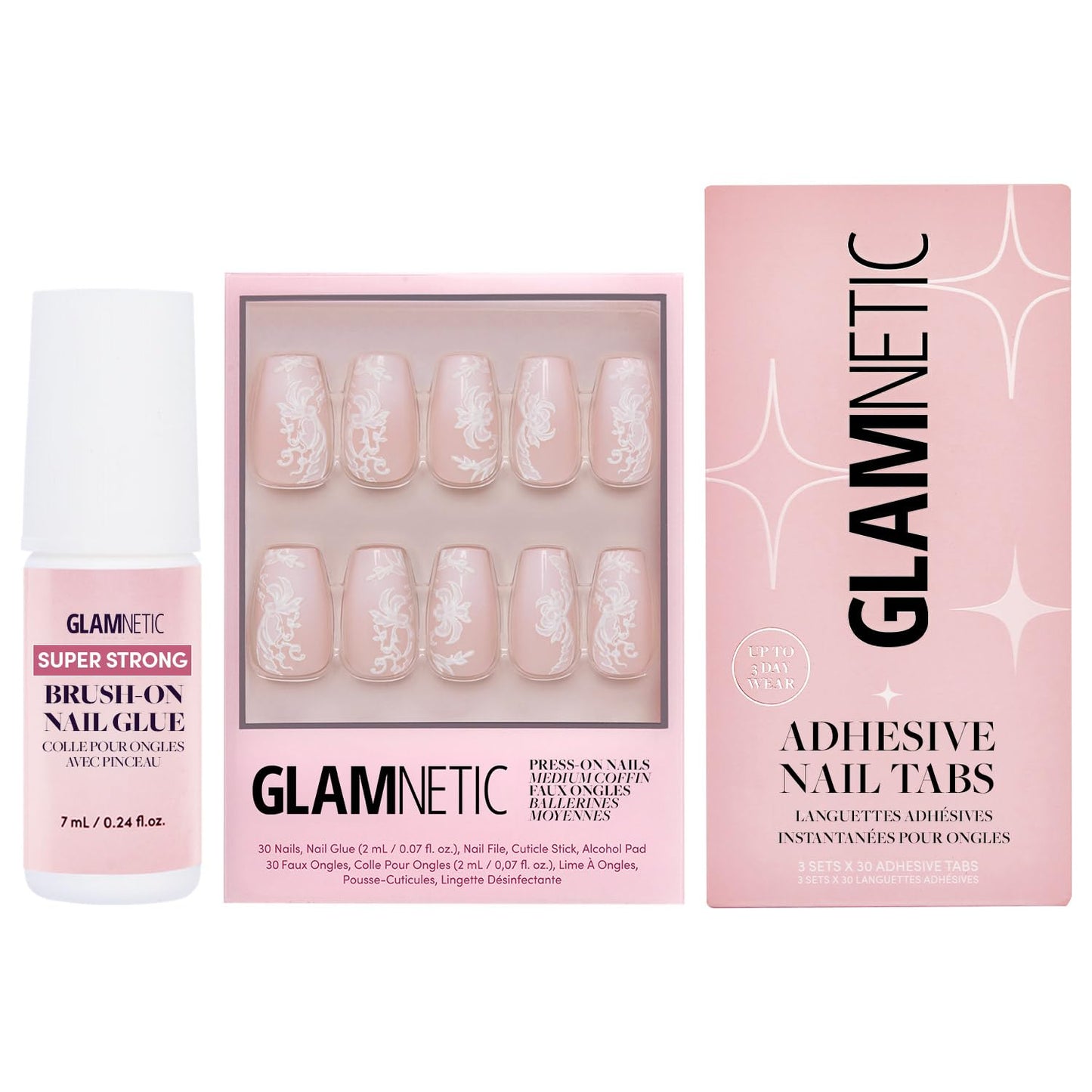 Glamnetic Press-On Nails - Lace Blush | Medium Coffin Fake Nails with Lace Detailing | 15 Sizes - 30 Nail Kit with Glue & Nail Tabs
