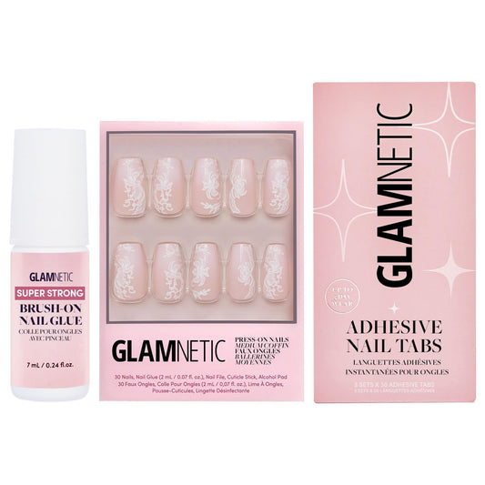 Glamnetic Press-On Nails - Lace Blush | Medium Coffin Fake Nails with Lace Detailing | 15 Sizes - 30 Nail Kit with Glue & Nail Tabs