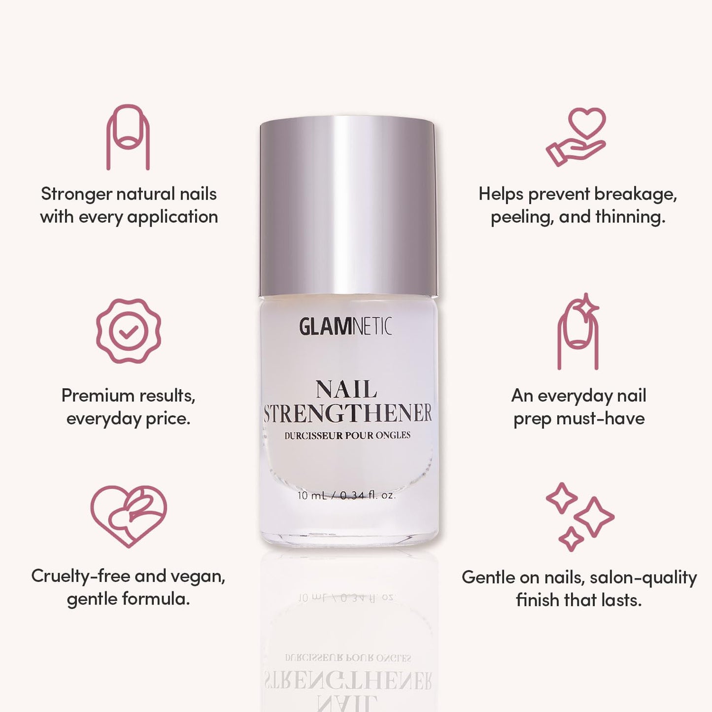 Glamnetic Nail Strengthener | Fast-Drying, Vegan Formula to Reinforce Natural Nails | Helps To Prevent Breakage & Splitting – 0.34 fl. oz