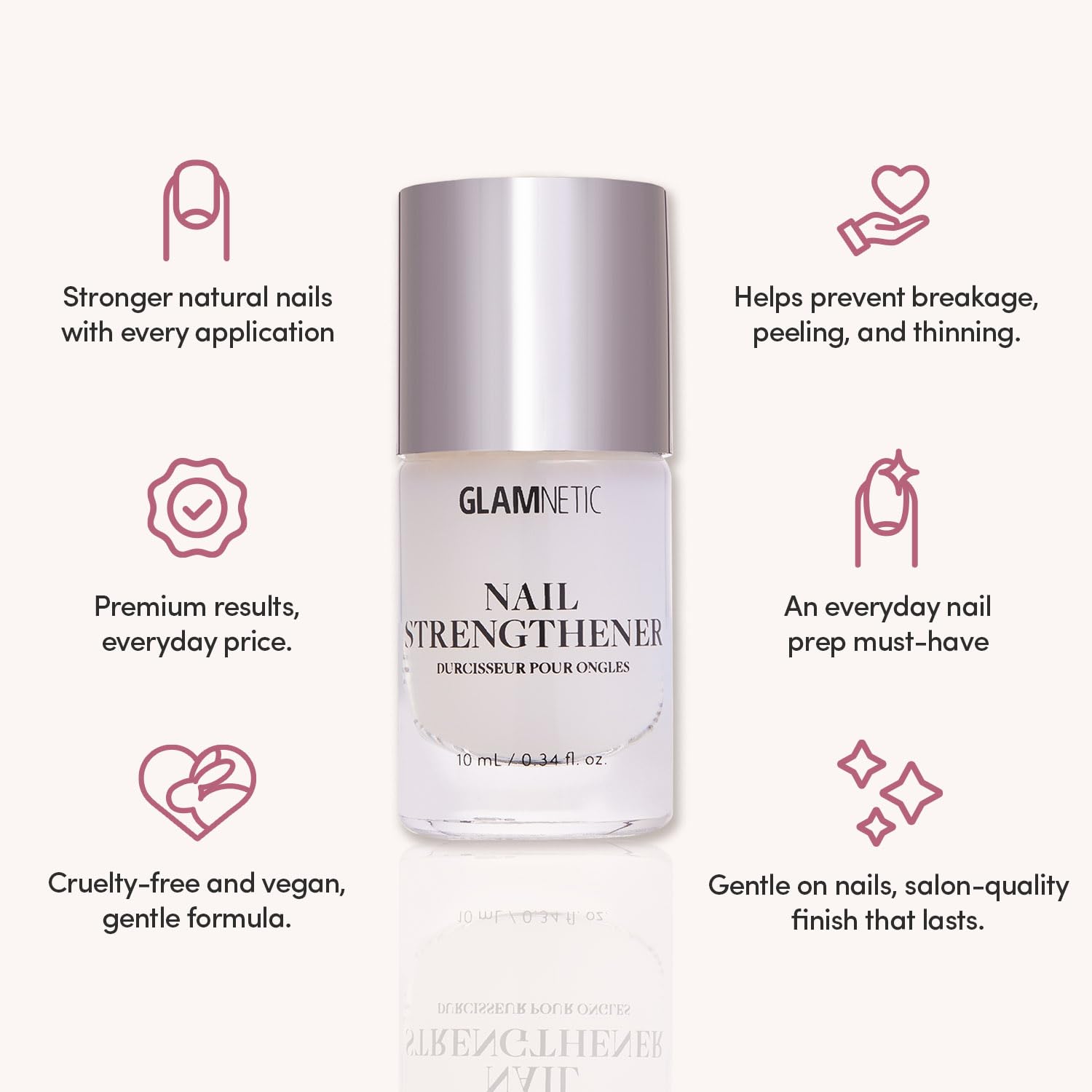 Glamnetic Nail Strengthener | Fast-Drying, Vegan Formula to Reinforce Natural Nails | Helps To Prevent Breakage & Splitting – 0.34 fl. oz