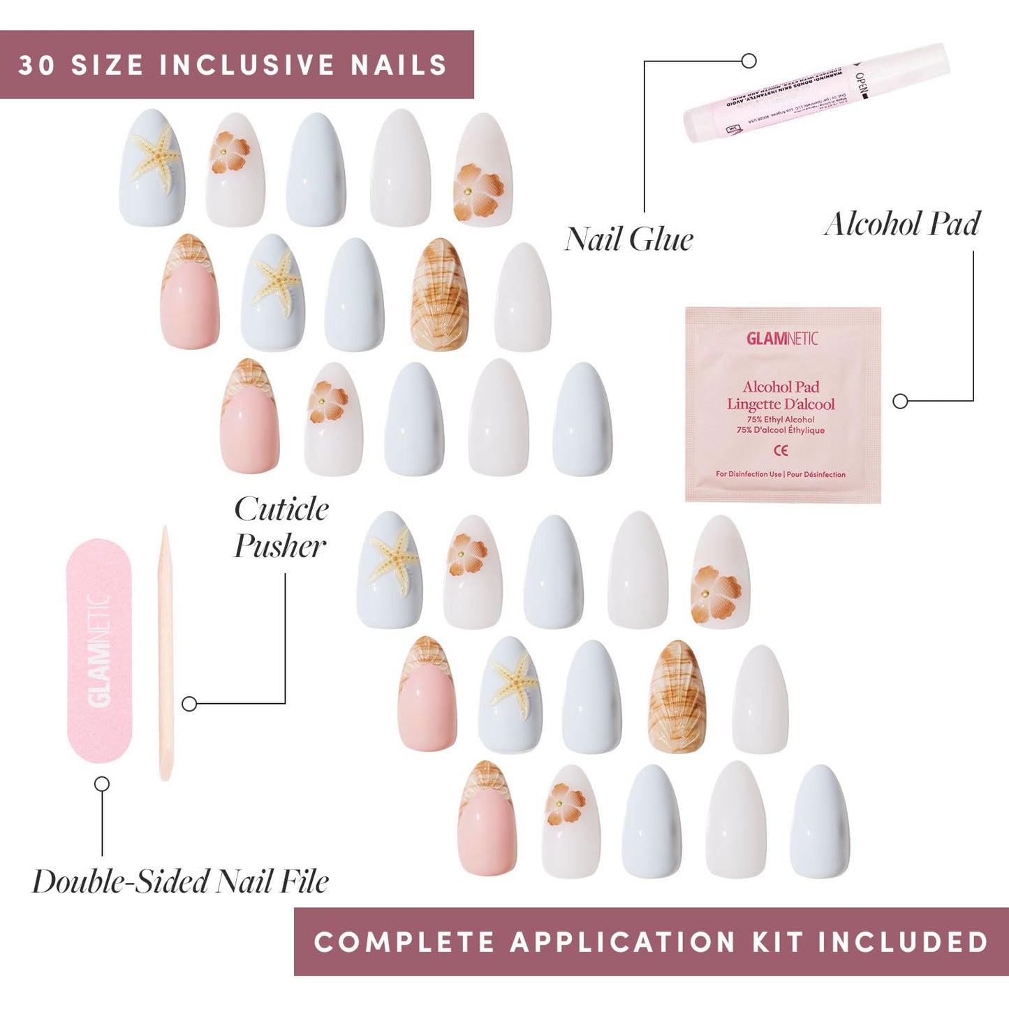 Glamnetic Press-On Nails Bundle - Sea Star, Goal Digger & Think Pink | Almond Seashell Fake Nails with 3D Nail Art | Natural Round False Nails with Gold Foil | Light Pastel Pink Short Oval