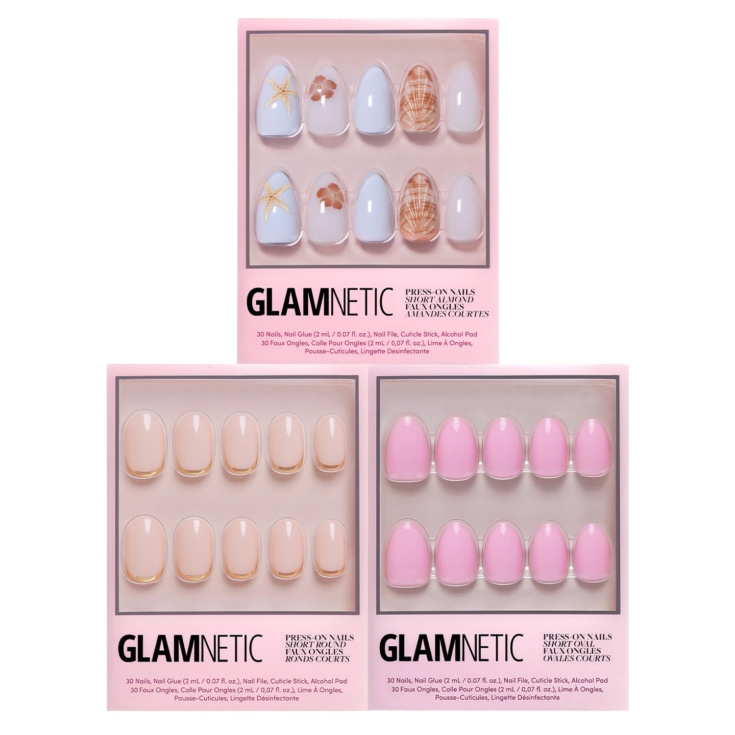 Glamnetic Press-On Nails Bundle - Sea Star, Goal Digger & Think Pink | Almond Seashell Fake Nails with 3D Nail Art | Natural Round False Nails with Gold Foil | Light Pastel Pink Short Oval
