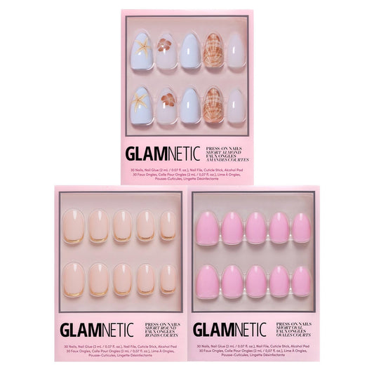Glamnetic Press-On Nails Bundle - Sea Star, Goal Digger & Think Pink | Almond Seashell Fake Nails with 3D Nail Art | Natural Round False Nails with Gold Foil | Light Pastel Pink Short Oval