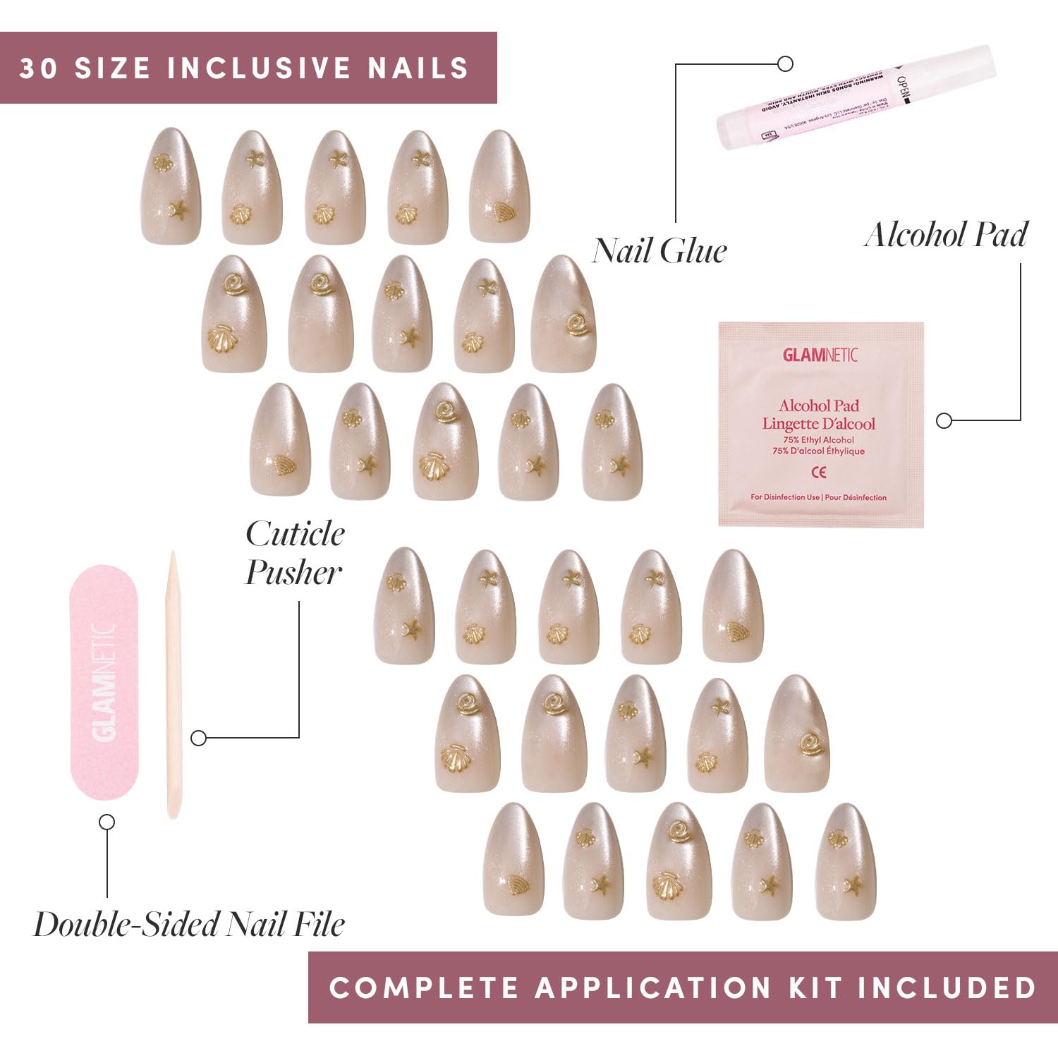 Glamnetic Press-On Nails Bundle - Sanded, Berry Maroon & Think Pink | Short Almond Nude Fake Nails with Raised Gold Shell Accents | Dark Red Round Fake Nails | Light Pastel Pink Oval Fake