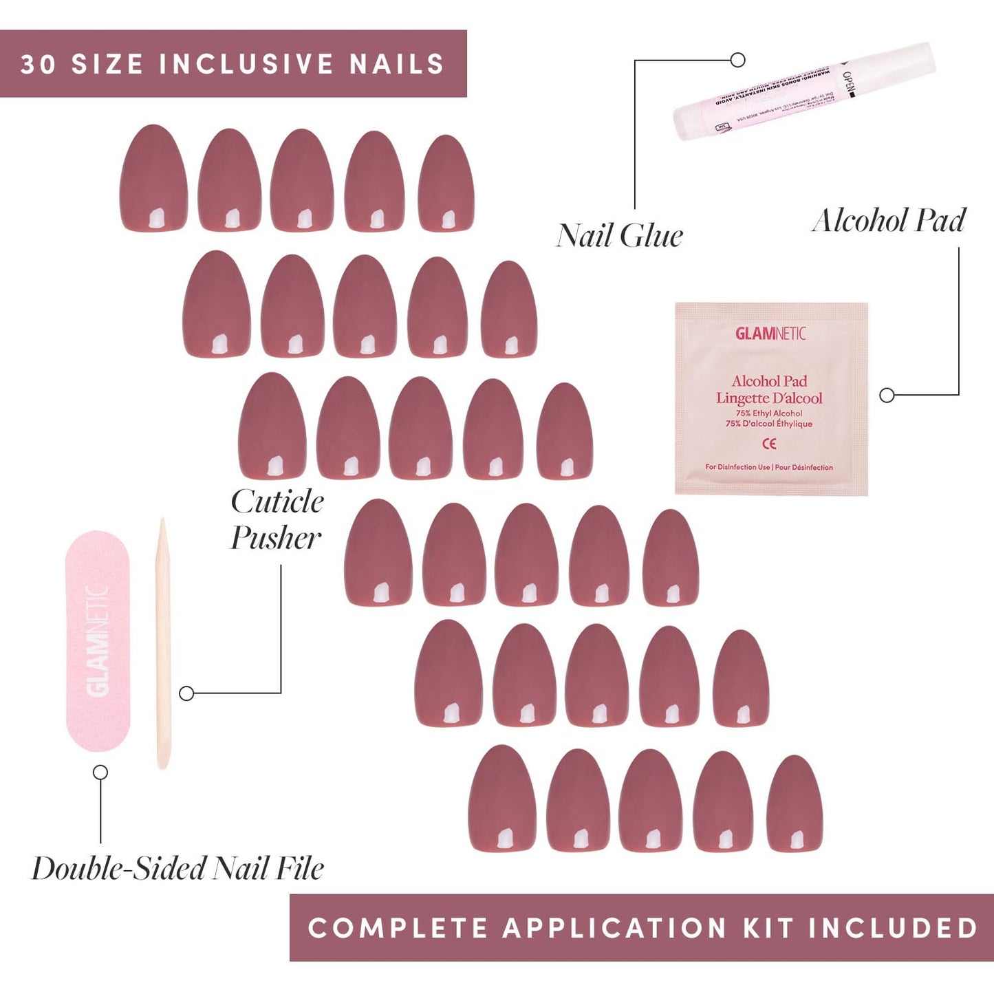 Glamnetic Press-On Nails Bundle - Goal Getter, Goal Digger & Fall Mauve | Medium Almond Fake Nails and Neutral Gold Reverse French Tip | Glossy, Semi-Transparent, Short Round Nails | Muted Blush Mauv