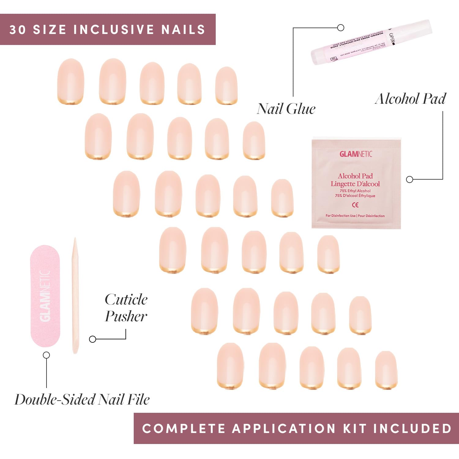 Glamnetic Press-On Nails Bundle - Tarot, Caviar & Goal Digger | Almond Purple Fake Nails with Ombre Design | Almond Black French Tip False Nails | Natural Short Round False Nails with Gold