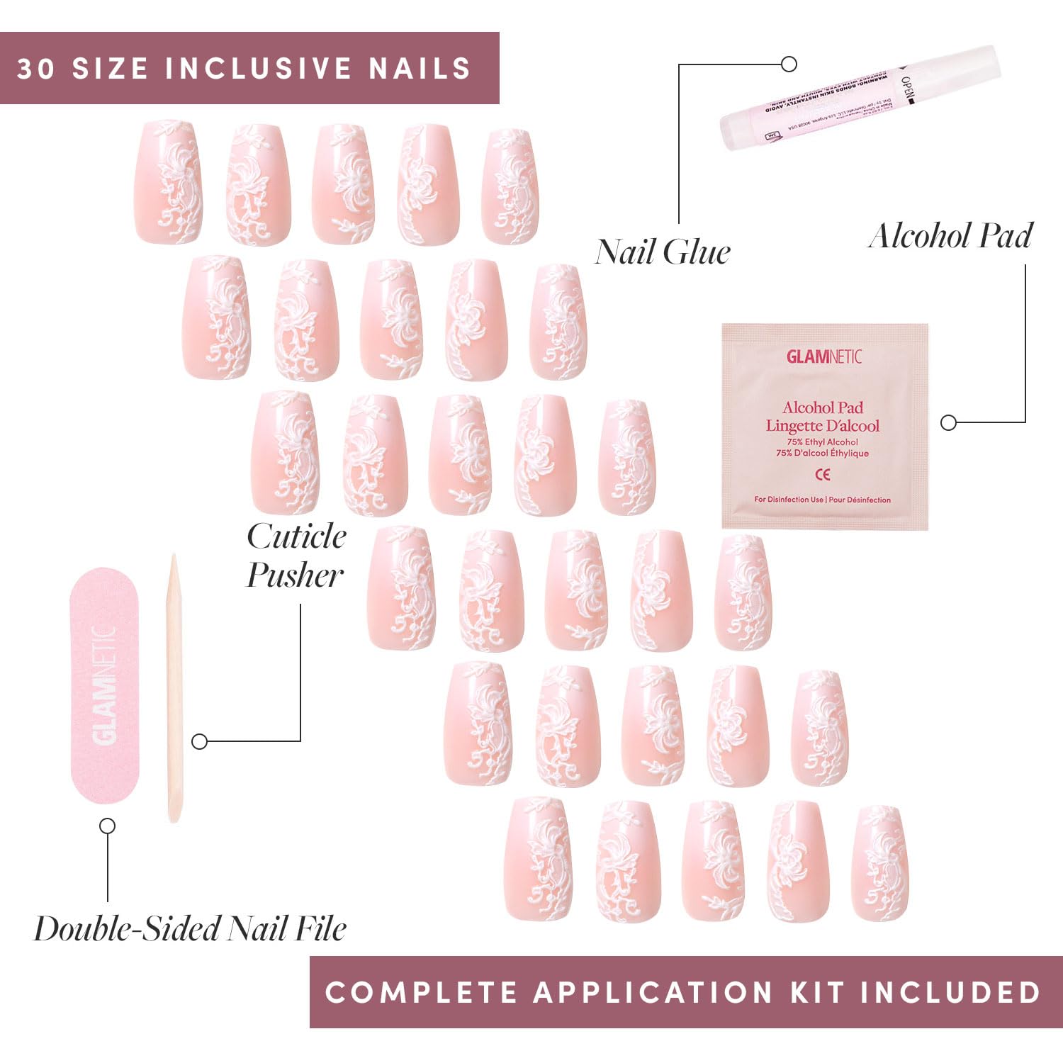 Glamnetic Press-On Nails - Lace Blush | Medium Coffin Fake Nails with Lace Detailing | 15 Sizes - 30 Nail Kit with Glue & Nail Tabs