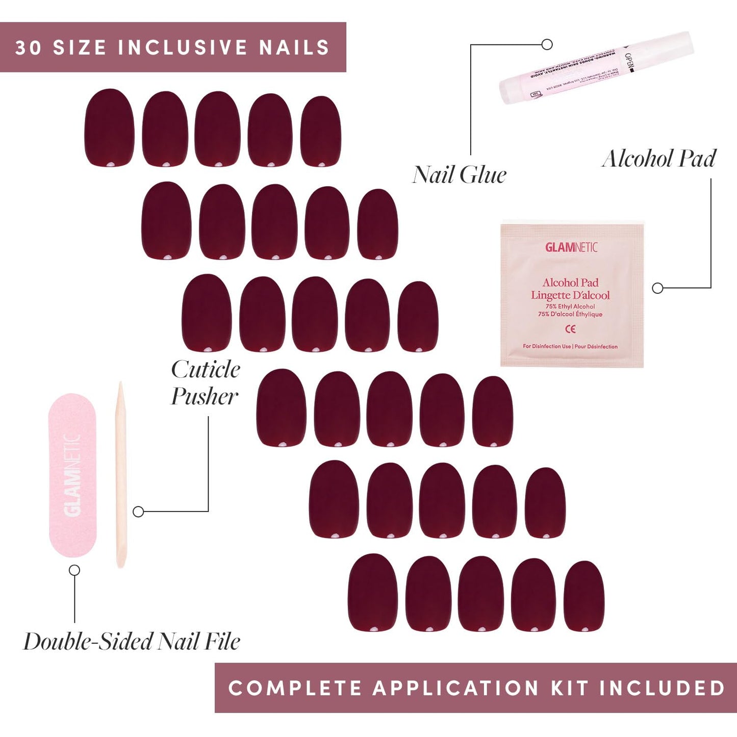 Glamnetic Press-On Nails Bundle - Sanded, Berry Maroon & Think Pink | Short Almond Nude Fake Nails with Raised Gold Shell Accents | Dark Red Round Fake Nails | Light Pastel Pink Oval Fake