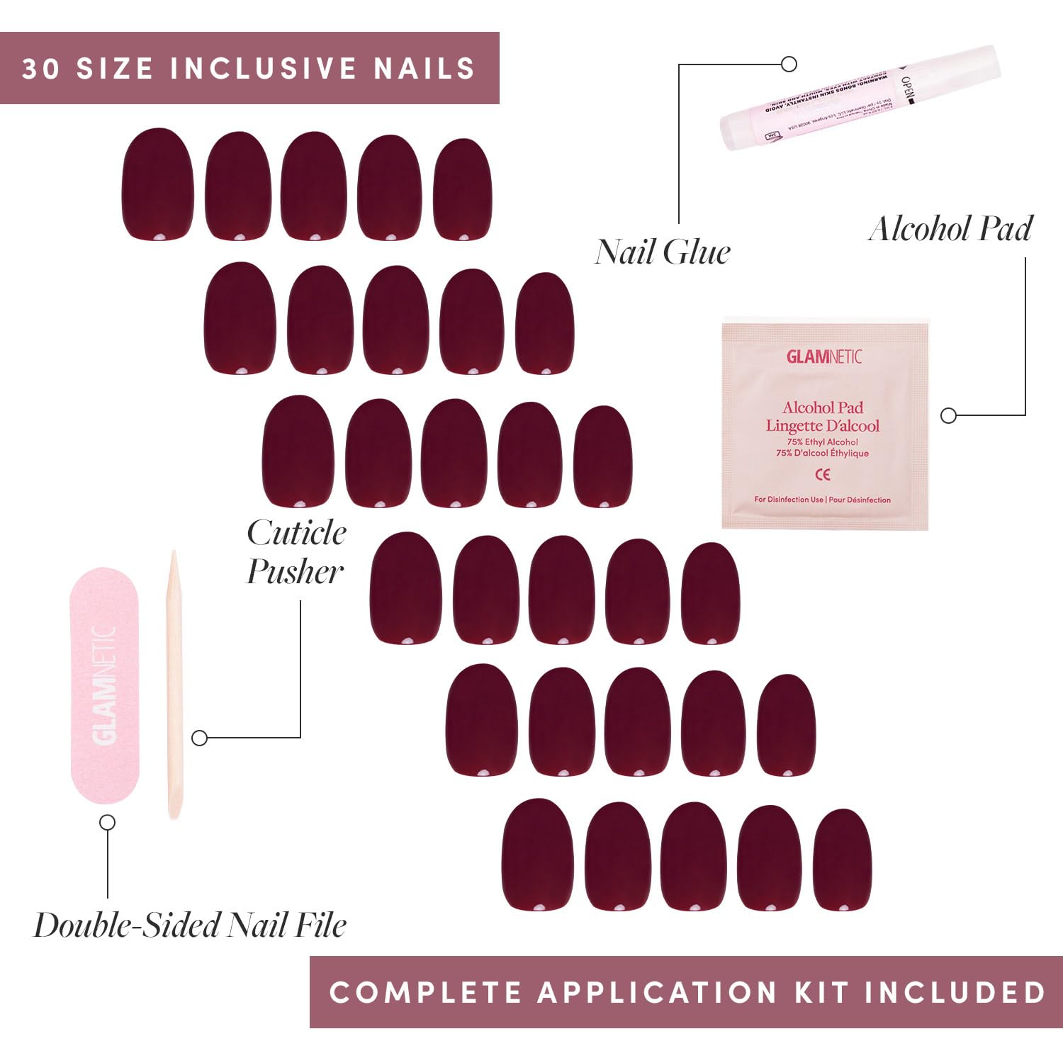 Glamnetic Press-On Nails Bundle - Sanded, Berry Maroon & Think Pink | Short Almond Nude Fake Nails with Raised Gold Shell Accents | Dark Red Round Fake Nails | Light Pastel Pink Oval Fake