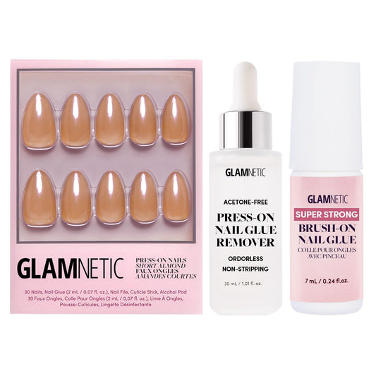 Glamnetic Press-On Nails - Maple Glaze | Super Strong Brush On Nail Glue & Press-On Nail Remover | Short Almond Nude Brown Neutral Nails with Glaze Finish | 15 Sizes - 30 Nail Kit with Glue and Remove