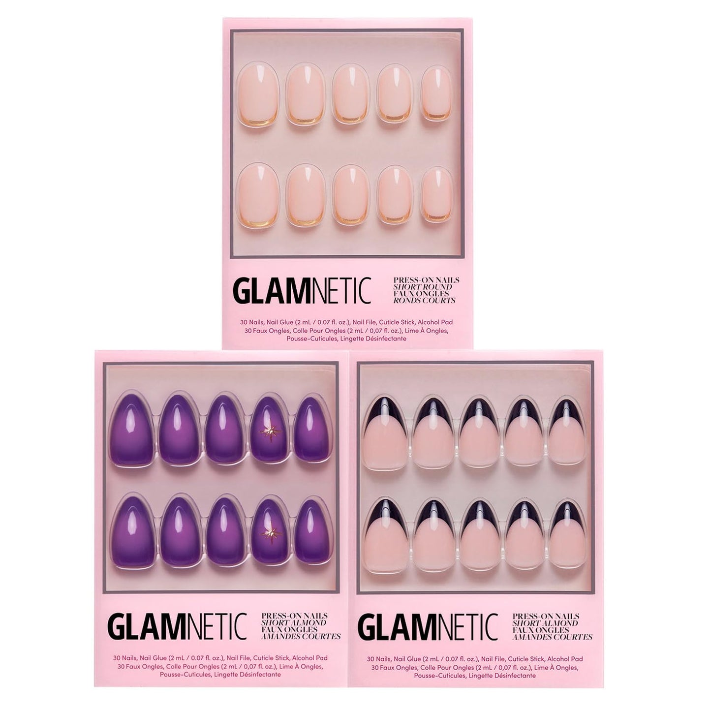 Glamnetic Press-On Nails Bundle - Tarot, Caviar & Goal Digger | Almond Purple Fake Nails with Ombre Design | Almond Black French Tip False Nails | Natural Short Round False Nails with Gold