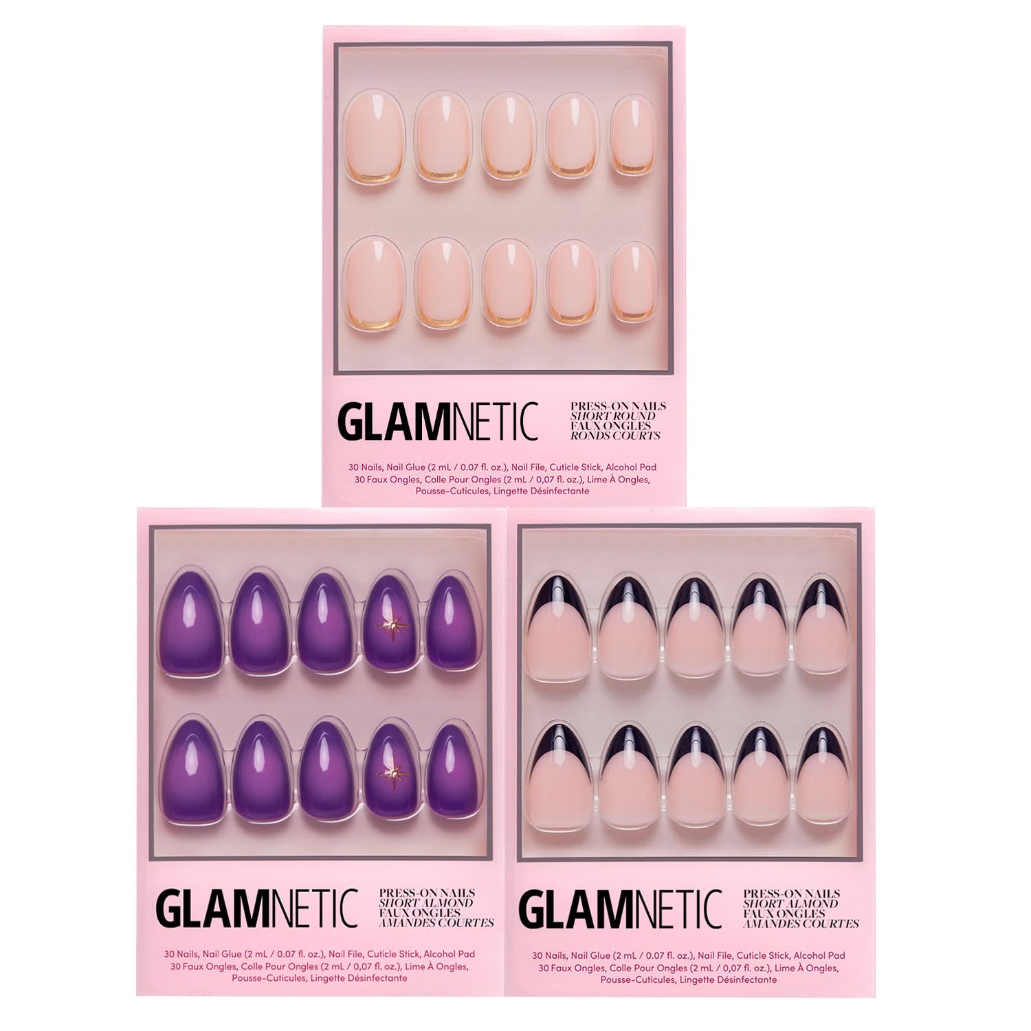 Glamnetic Press-On Nails Bundle - Tarot, Caviar & Goal Digger | Almond Purple Fake Nails with Ombre Design | Almond Black French Tip False Nails | Natural Short Round False Nails with Gold