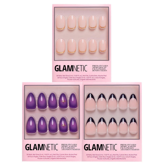 Glamnetic Press-On Nails Bundle - Tarot, Caviar & Goal Digger | Almond Purple Fake Nails with Ombre Design | Almond Black French Tip False Nails | Natural Short Round False Nails with Gold