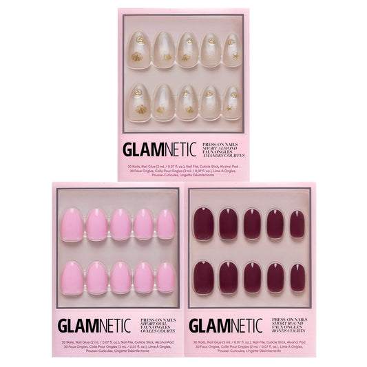 Glamnetic Press-On Nails Bundle - Sanded, Berry Maroon & Think Pink | Short Almond Nude Fake Nails with Raised Gold Shell Accents | Dark Red Round Fake Nails | Light Pastel Pink Oval Fake