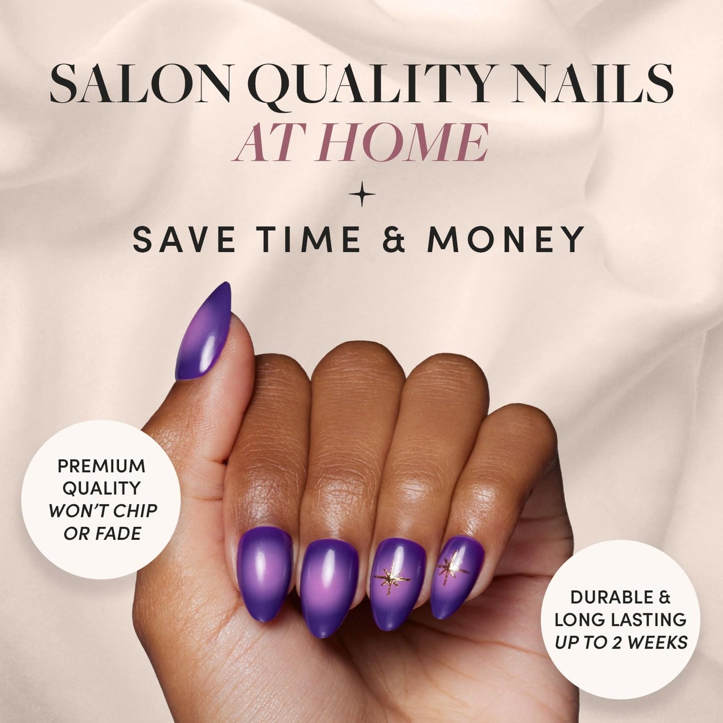 Glamnetic Press-On Nails Bundle - Tarot, Caviar & Goal Digger | Almond Purple Fake Nails with Ombre Design | Almond Black French Tip False Nails | Natural Short Round False Nails with Gold