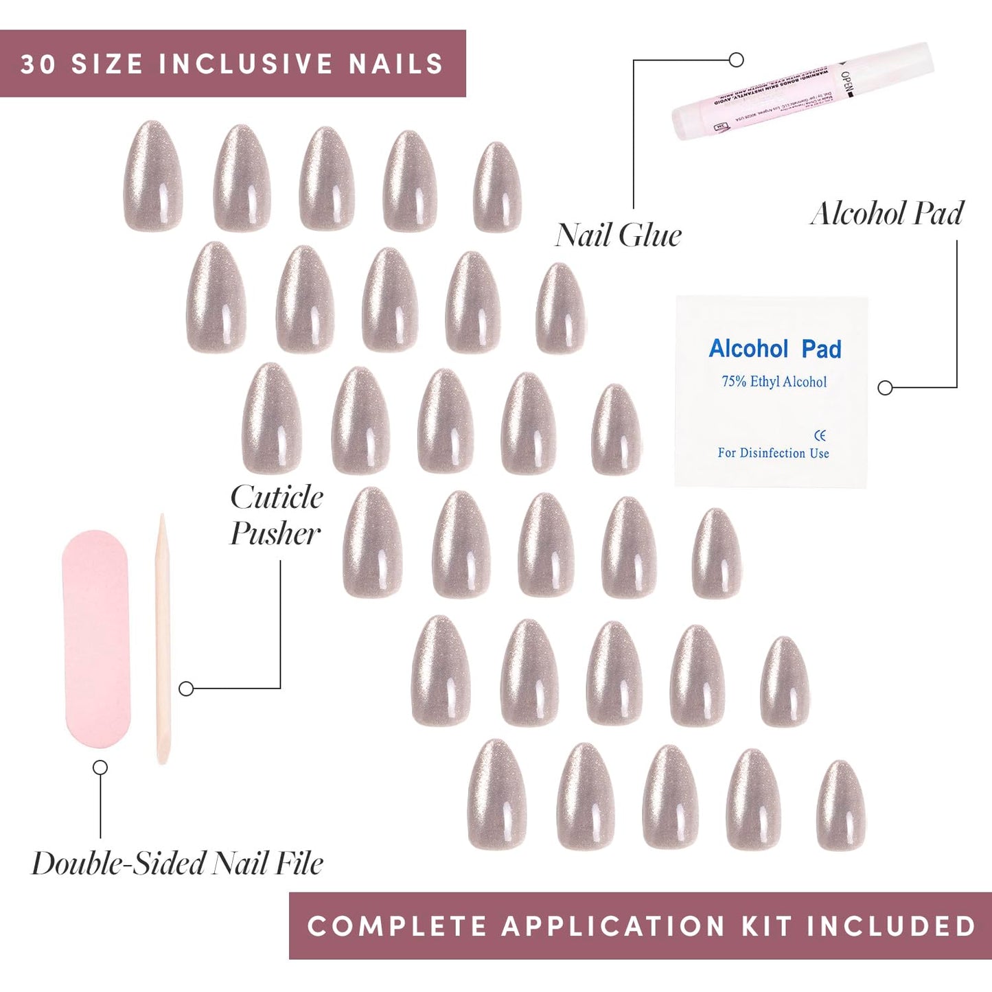 Glamnetic Press-On Nails Bundle - Sanded, Berry Maroon & Think Pink | Short Almond Nude Fake Nails with Raised Gold Shell Accents | Dark Red Round Fake Nails | Light Pastel Pink Oval Fake