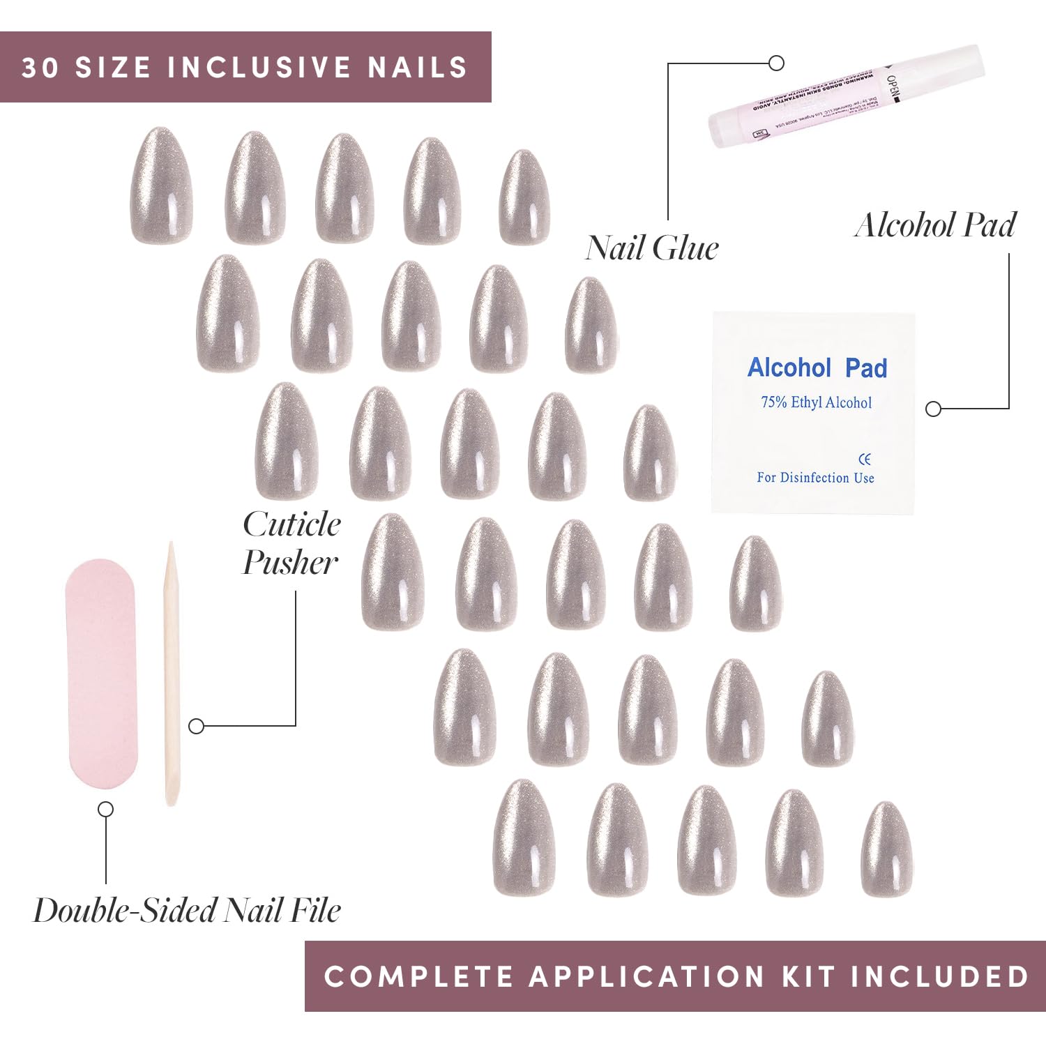 Glamnetic Press-On Nails Bundle - Sanded, Berry Maroon & Think Pink | Short Almond Nude Fake Nails with Raised Gold Shell Accents | Dark Red Round Fake Nails | Light Pastel Pink Oval Fake