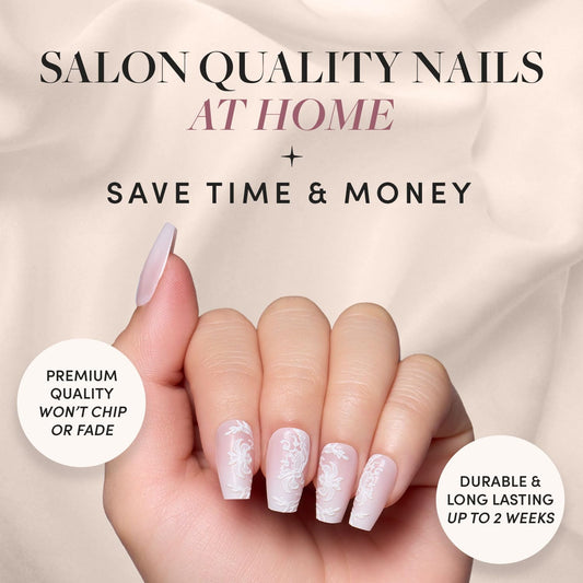 Glamnetic Press-On Nails - Lace Blush | Medium Coffin Fake Nails with Lace Detailing | 15 Sizes - 30 Nail Kit with Glue & Nail Tabs
