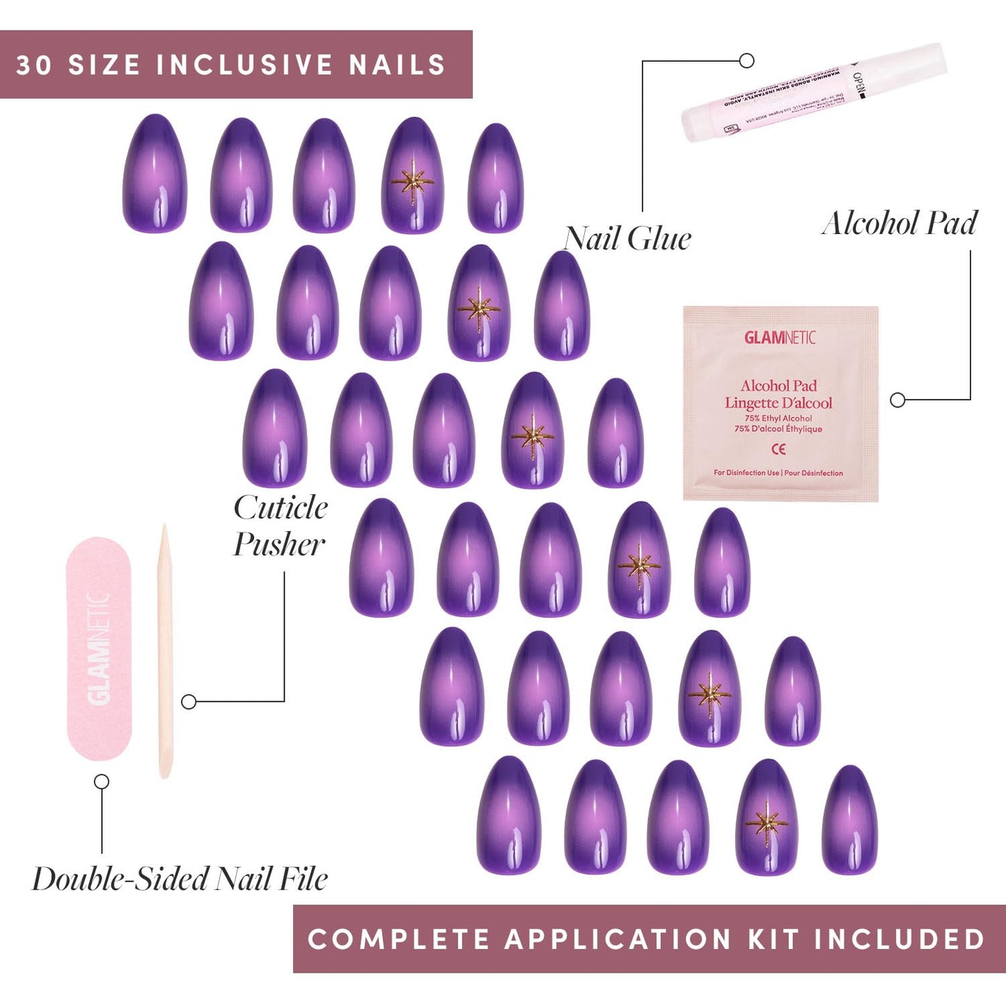 Glamnetic Press-On Nails Bundle - Tarot, Caviar & Goal Digger | Almond Purple Fake Nails with Ombre Design | Almond Black French Tip False Nails | Natural Short Round False Nails with Gold