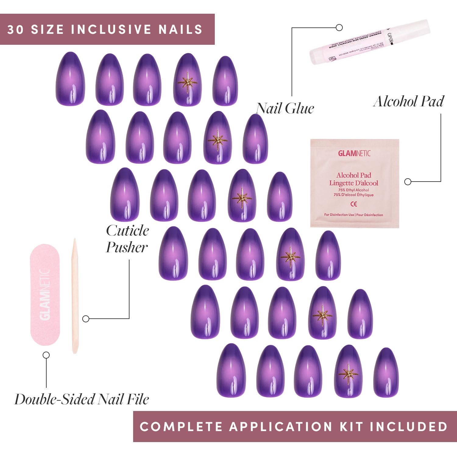 Glamnetic Press-On Nails Bundle - Tarot, Caviar & Goal Digger | Almond Purple Fake Nails with Ombre Design | Almond Black French Tip False Nails | Natural Short Round False Nails with Gold
