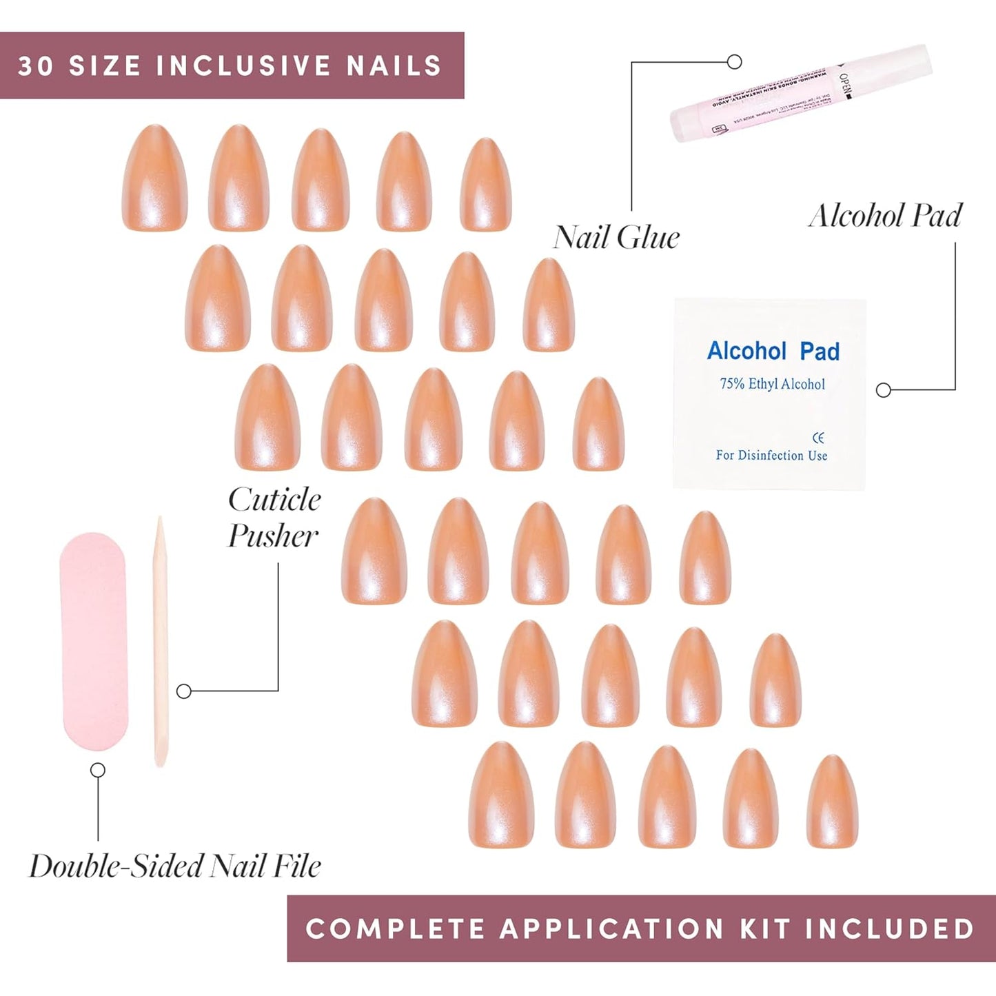 Glamnetic Press-On Nails - Maple Glaze | Super Strong Brush On Nail Glue & Press-On Nail Remover | Short Almond Nude Brown Neutral Nails with Glaze Finish | 15 Sizes - 30 Nail Kit with Glue and Remove